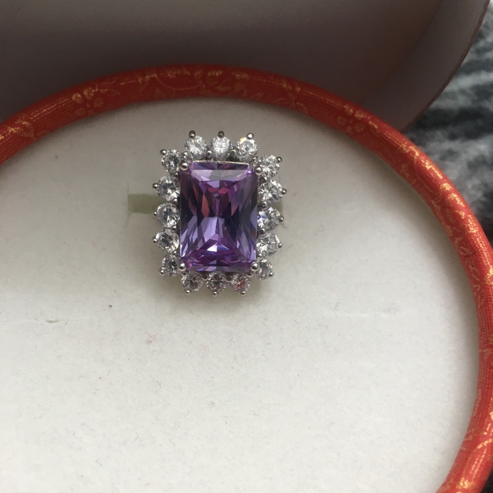 Brass Rhodium Radiant Cut Lavender CZ Ring Size 7